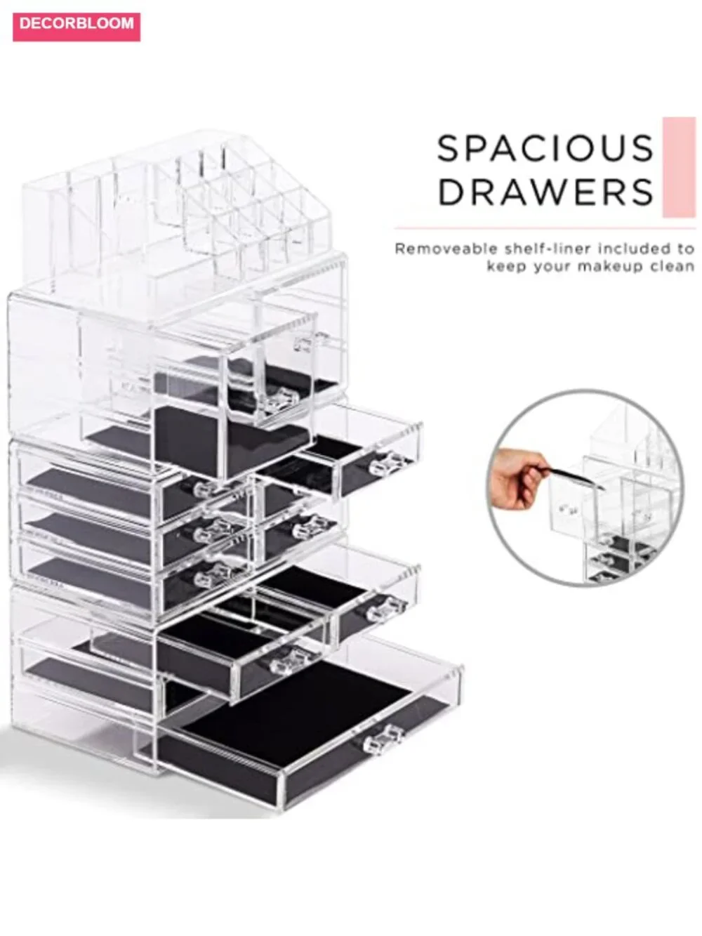 Clear 12-Drawer Stackable Makeup Organizer with Lipstick Holder
